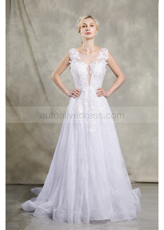 Plunging V Neck Beaded White Lace Tulle Illusion Back Wedding Dress